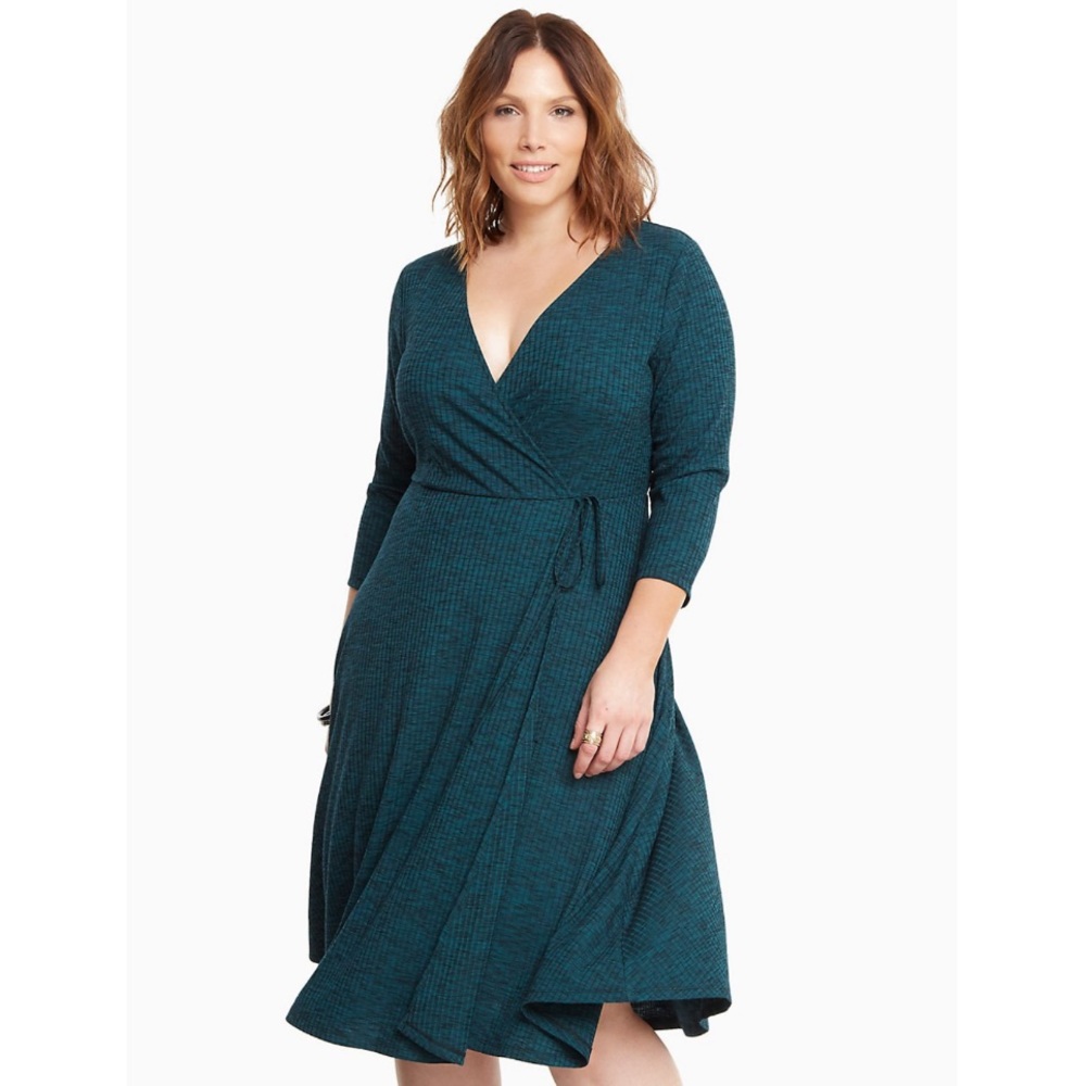 Torrid Green Ribbed Knit Surplice Wrap Midi Dress